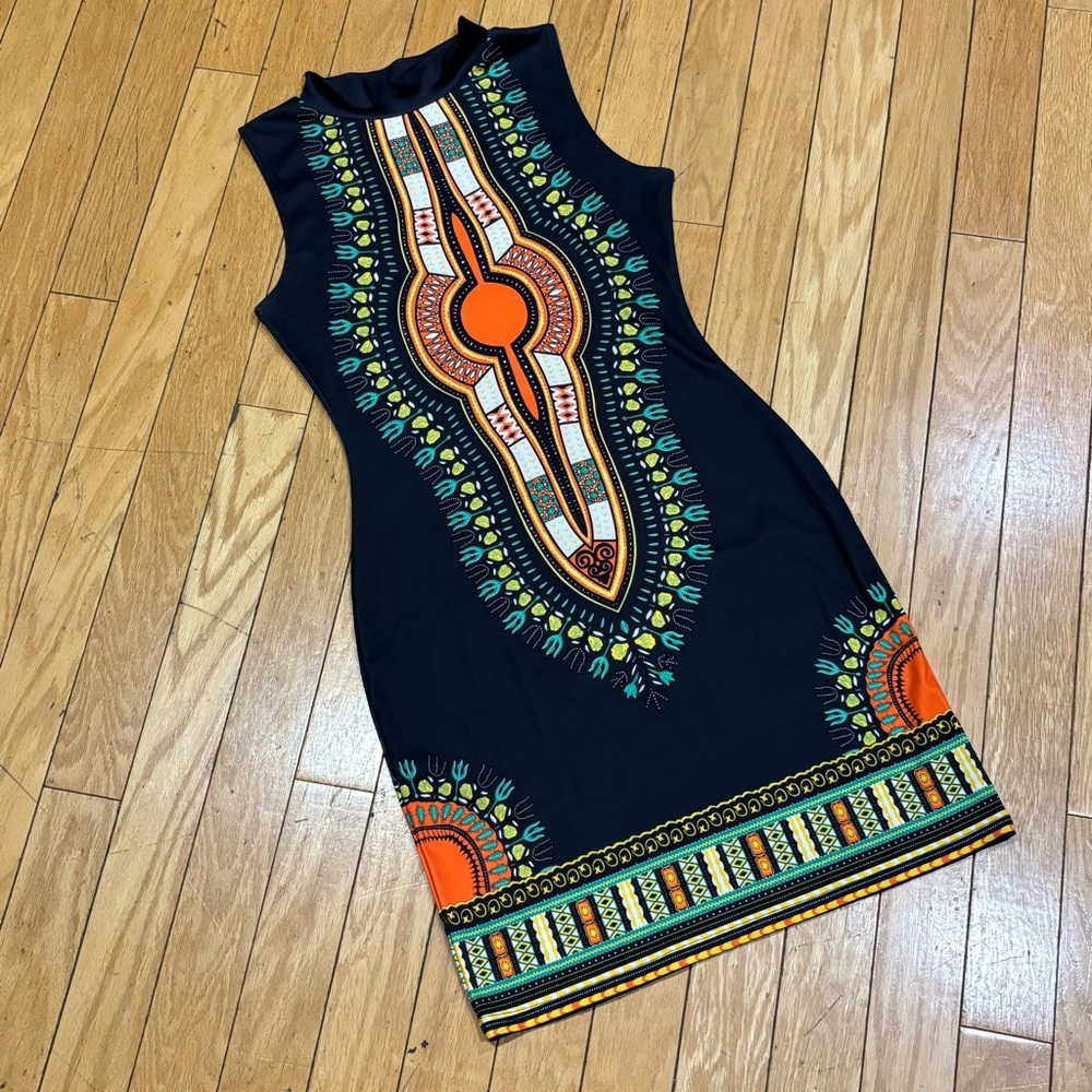 Sleeveless Black Dress with Orange & Green Tribal Print